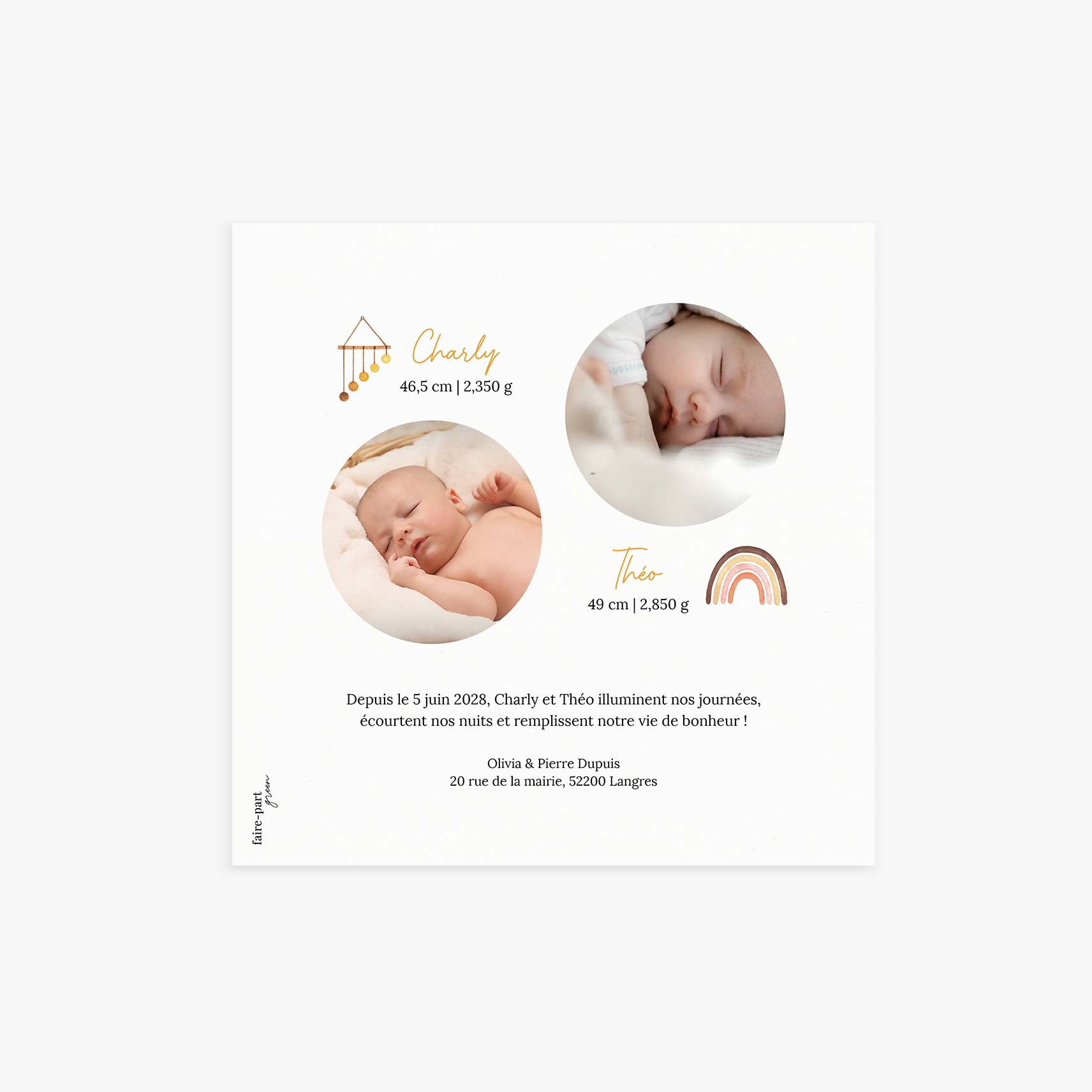 Faire-part de naissance jumeaux lion personnalisé
