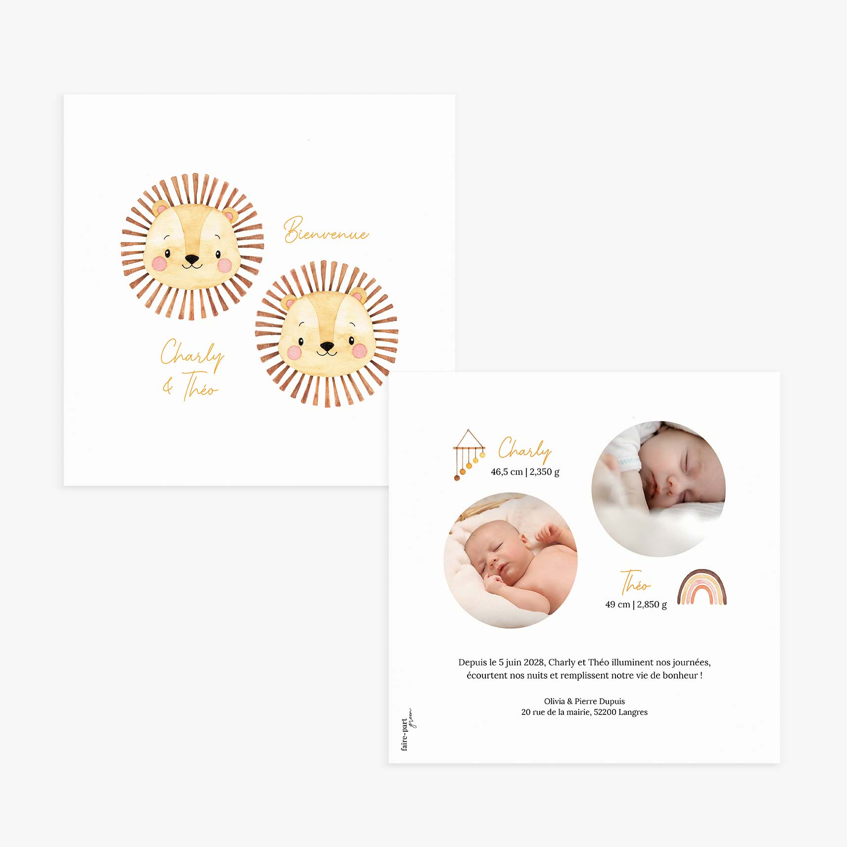 Faire-part naissance jumeaux lionceaux