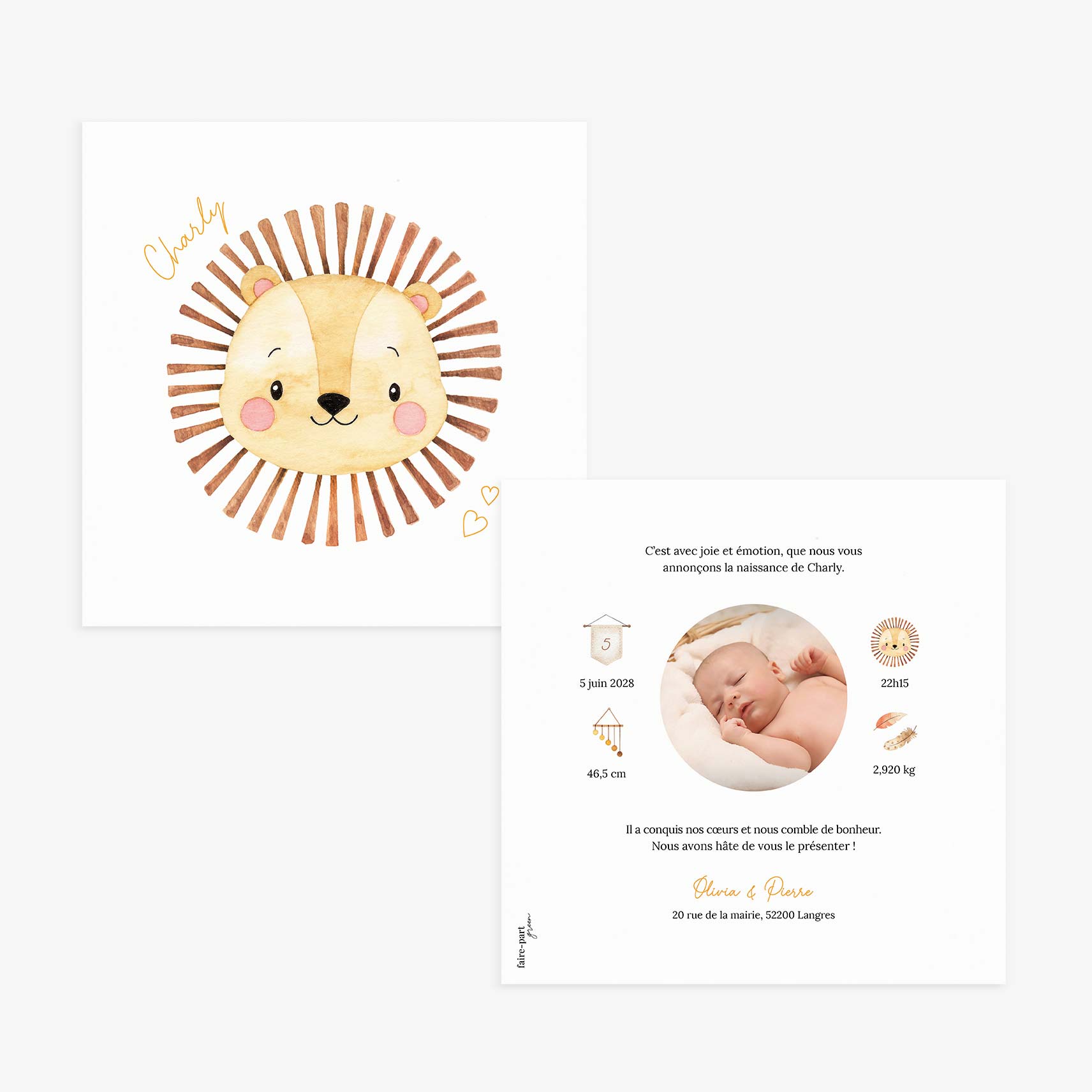 Faire-part naissance lion aquarelle
