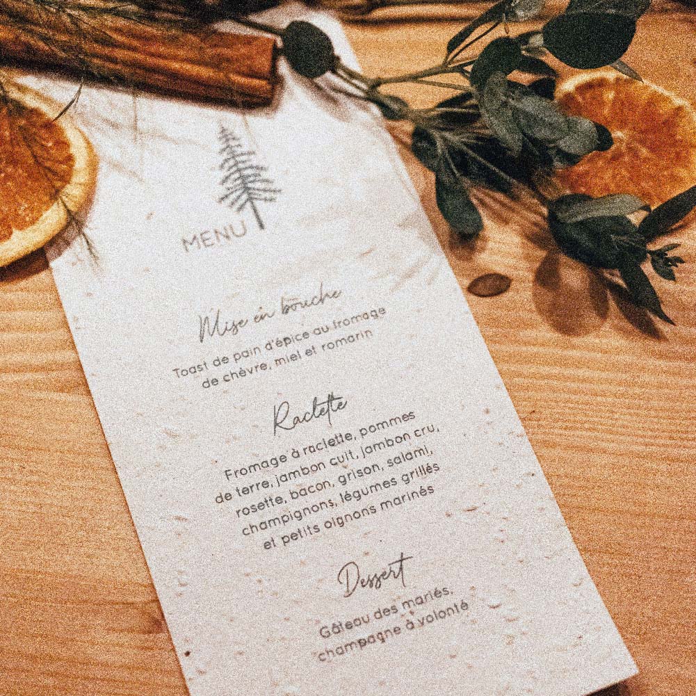 Menu papier ensemencé foret sapin Noel