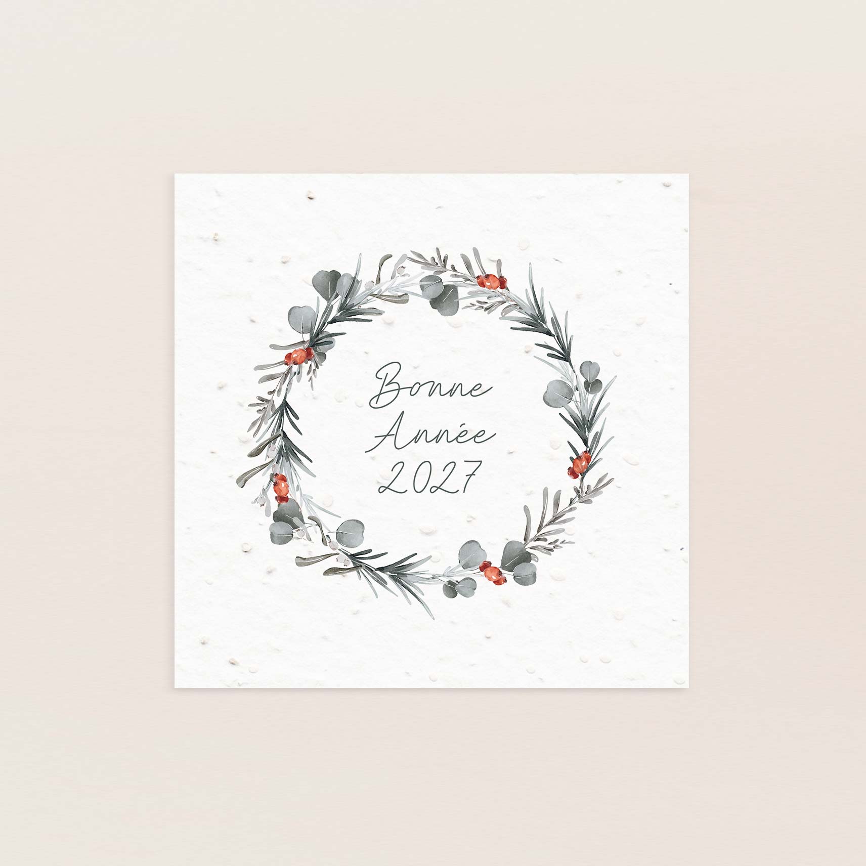 Carte bonne année 2027 couronne végétale hivernale en papier à planter