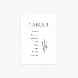Carte plan de table mariage lavande, papier graines