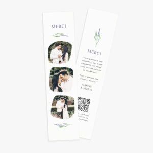 Carte de remerciement mariage marque page qrcode lavande