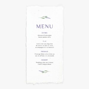 Menu mariage lavande papier artisanal bords frangés