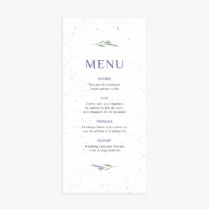 Menu mariage lavande papier ensemencé