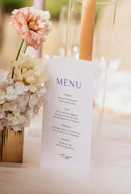 Menu mariage lavande papier ensemence