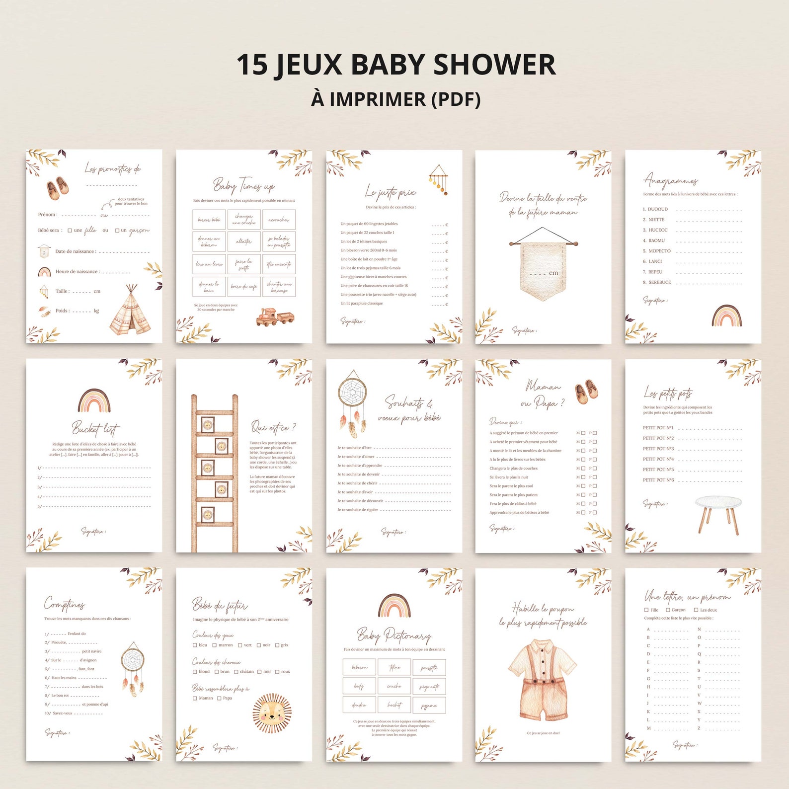 Jeux baby shower bohème - fichier PDF à imprimer (15 jeux) – Image 3
