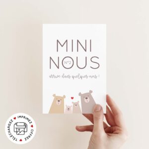 Carte annonce grossesse mini nous n°2 famille ours à imprimer