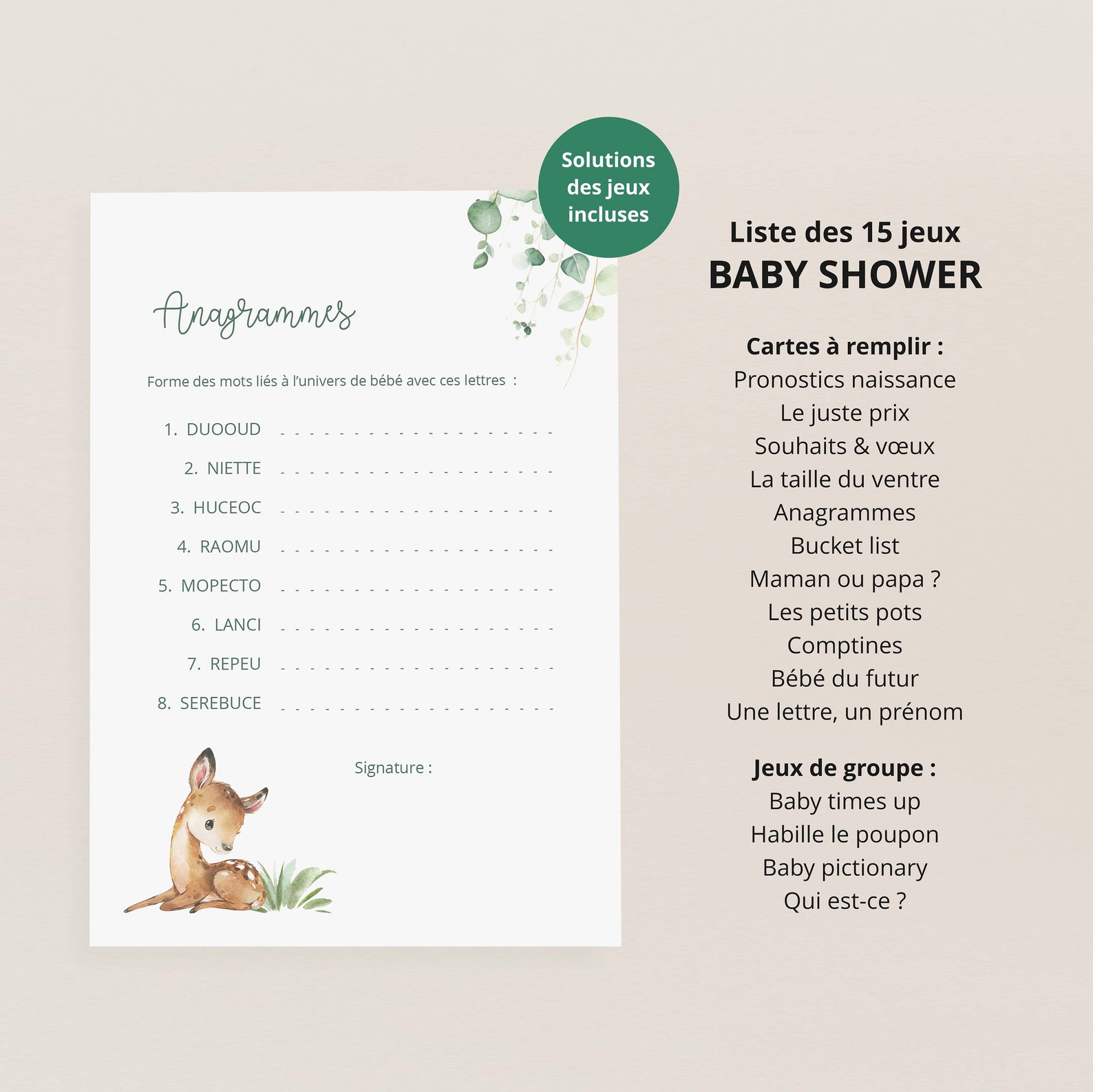 Jeux baby shower foret biche à imprimer