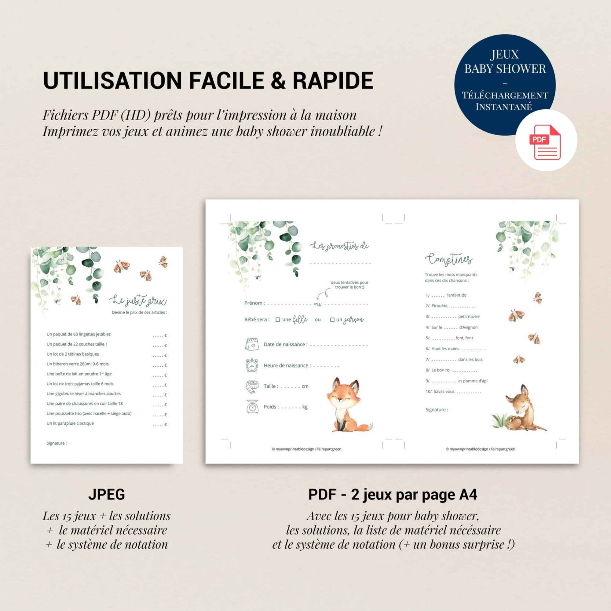 Jeux baby shower foret renard à imprimer PDF