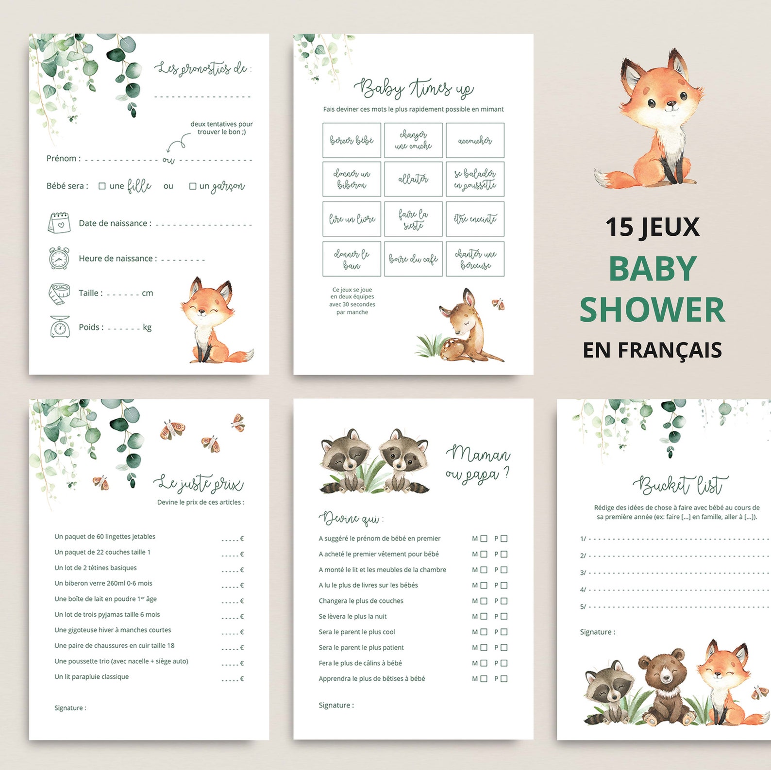 Jeux baby shower renard aquarelle à imprimer