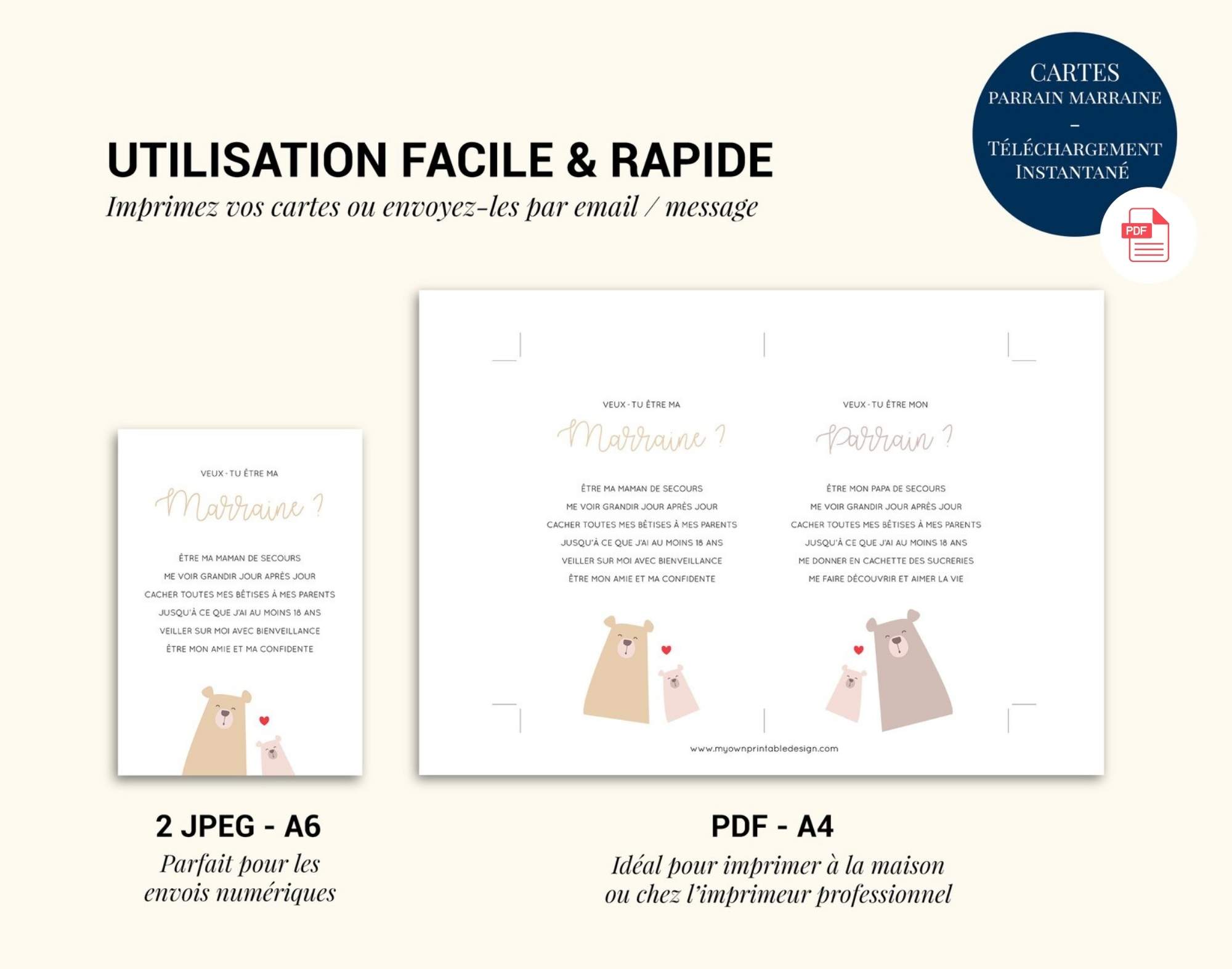 Carte annonce parrain marraine à imprimer ours