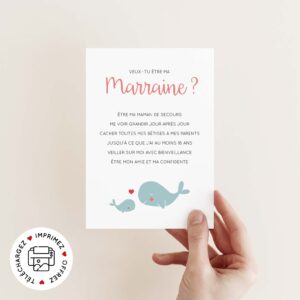 Carte demande marraine baleine à imprimer rose
