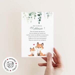 Carte demande marraine renard aquarelle à imprimer