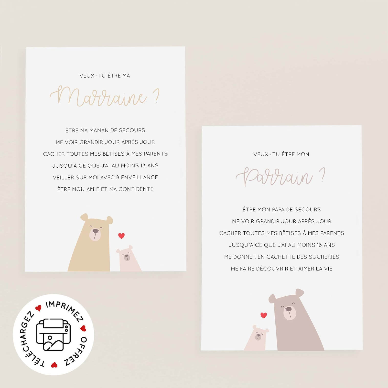 Carte parrain marraine à imprimer ours