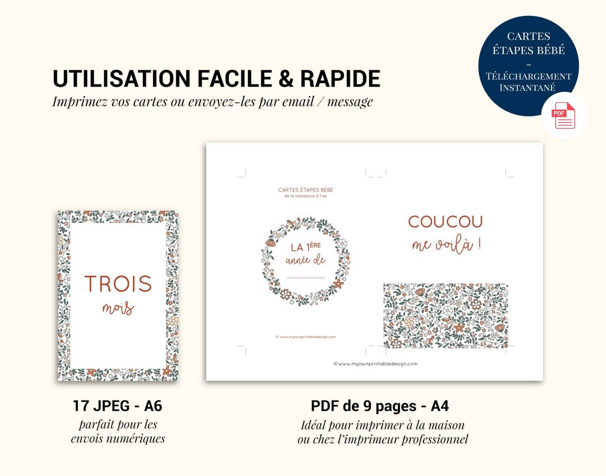 Cartes étape bébé à imprimer fleurs terracotta