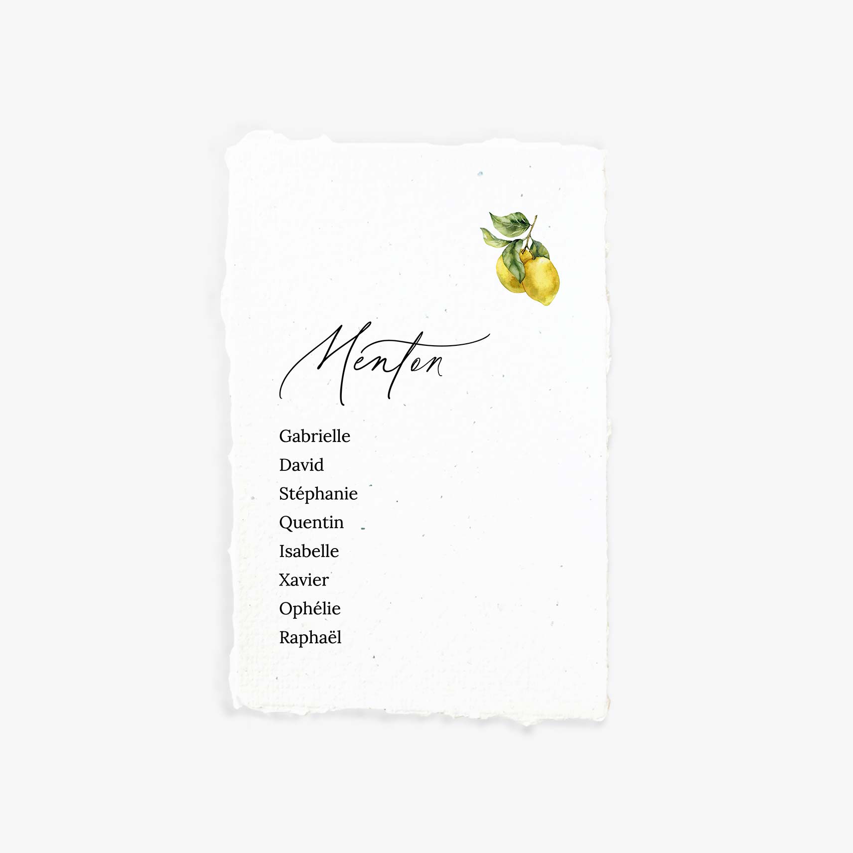 Carte plan de table citron papier bords franges