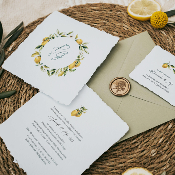 Faire-part mariage artisanal carre citron - Faire-part green