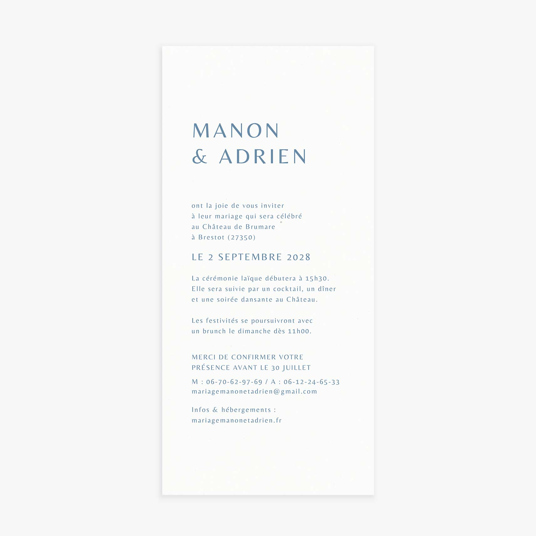 Faire-part mariage simple bleu