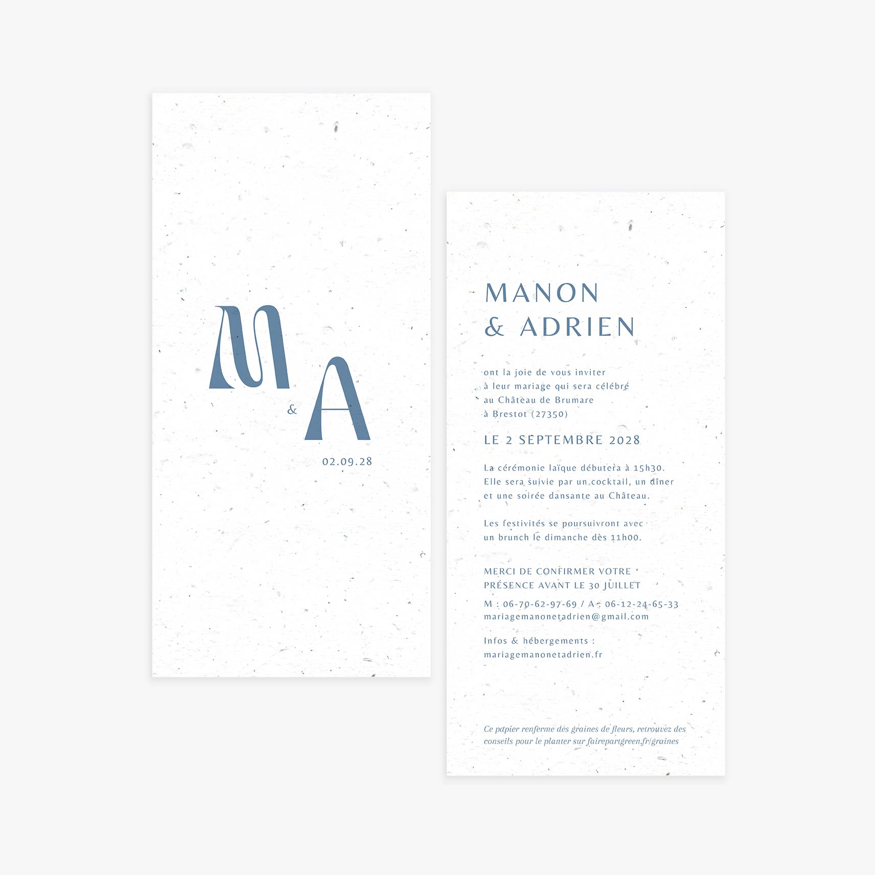 Faire-part mariage sobre bleu ensemencé
