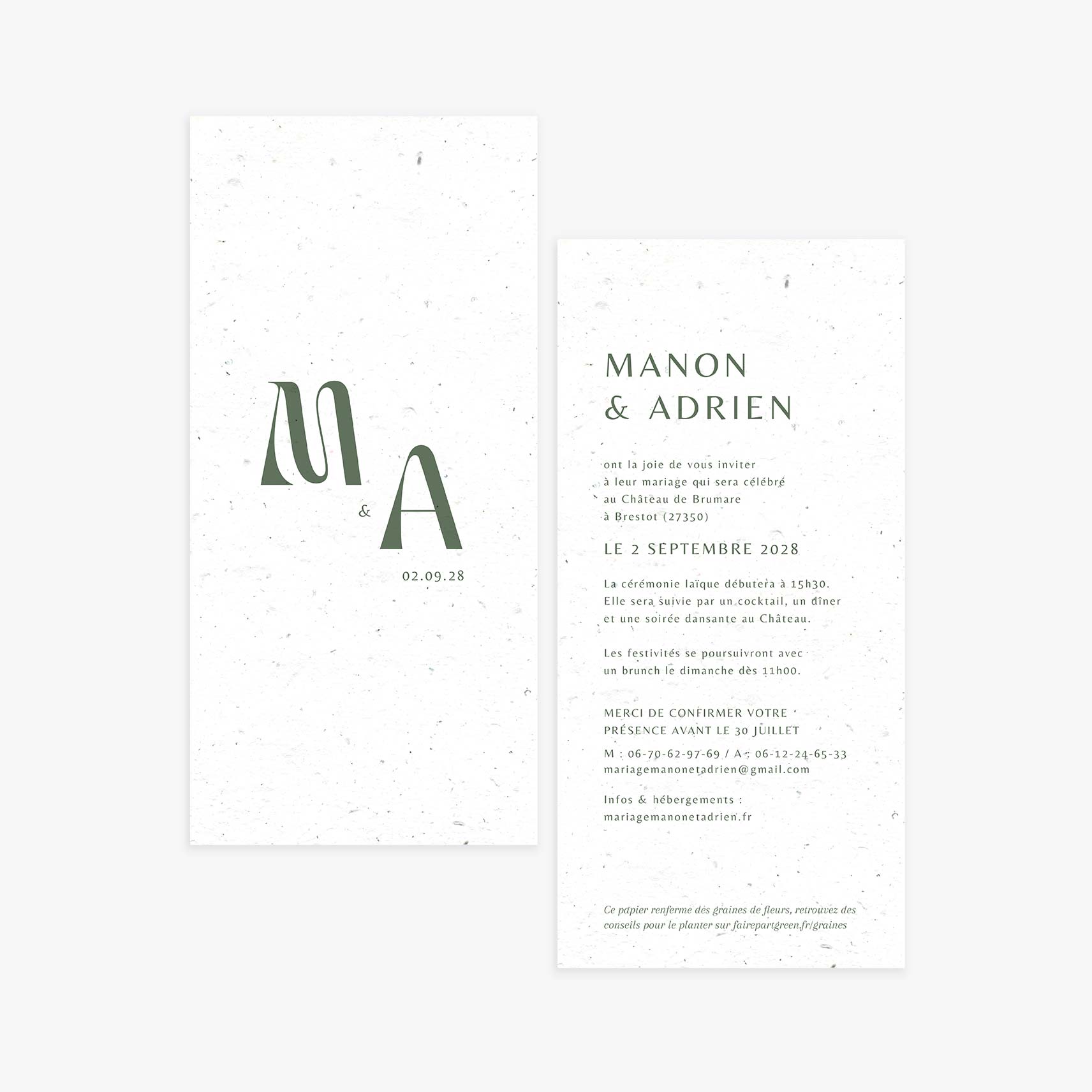 Faire-part mariage sobre vert ensemencé
