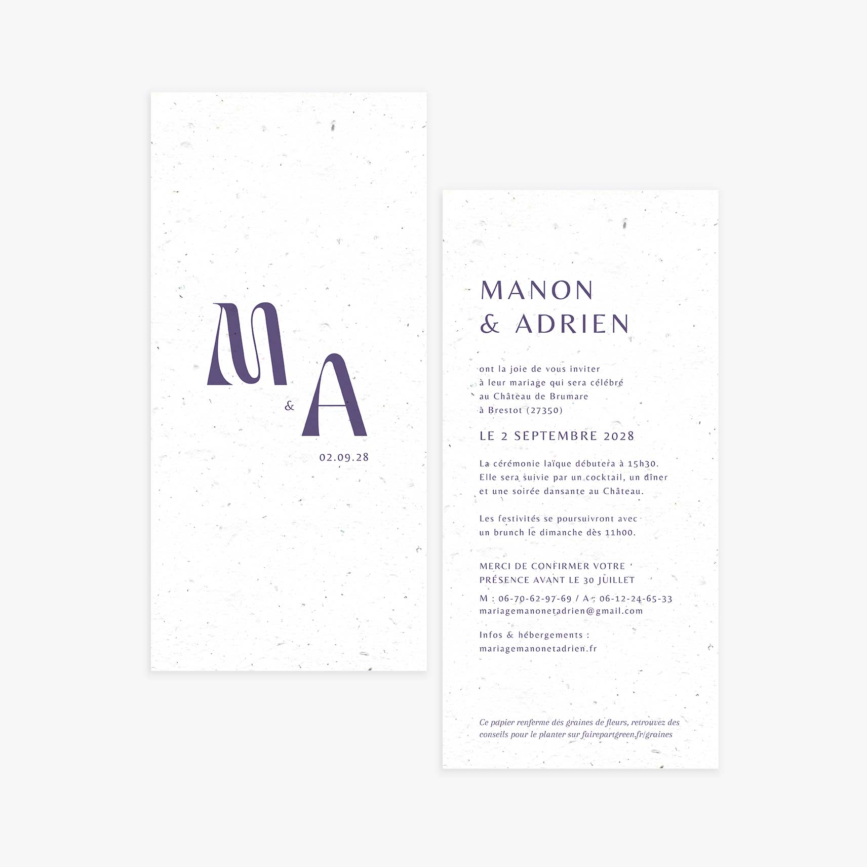 Faire-part mariage sobre violet ensemencé