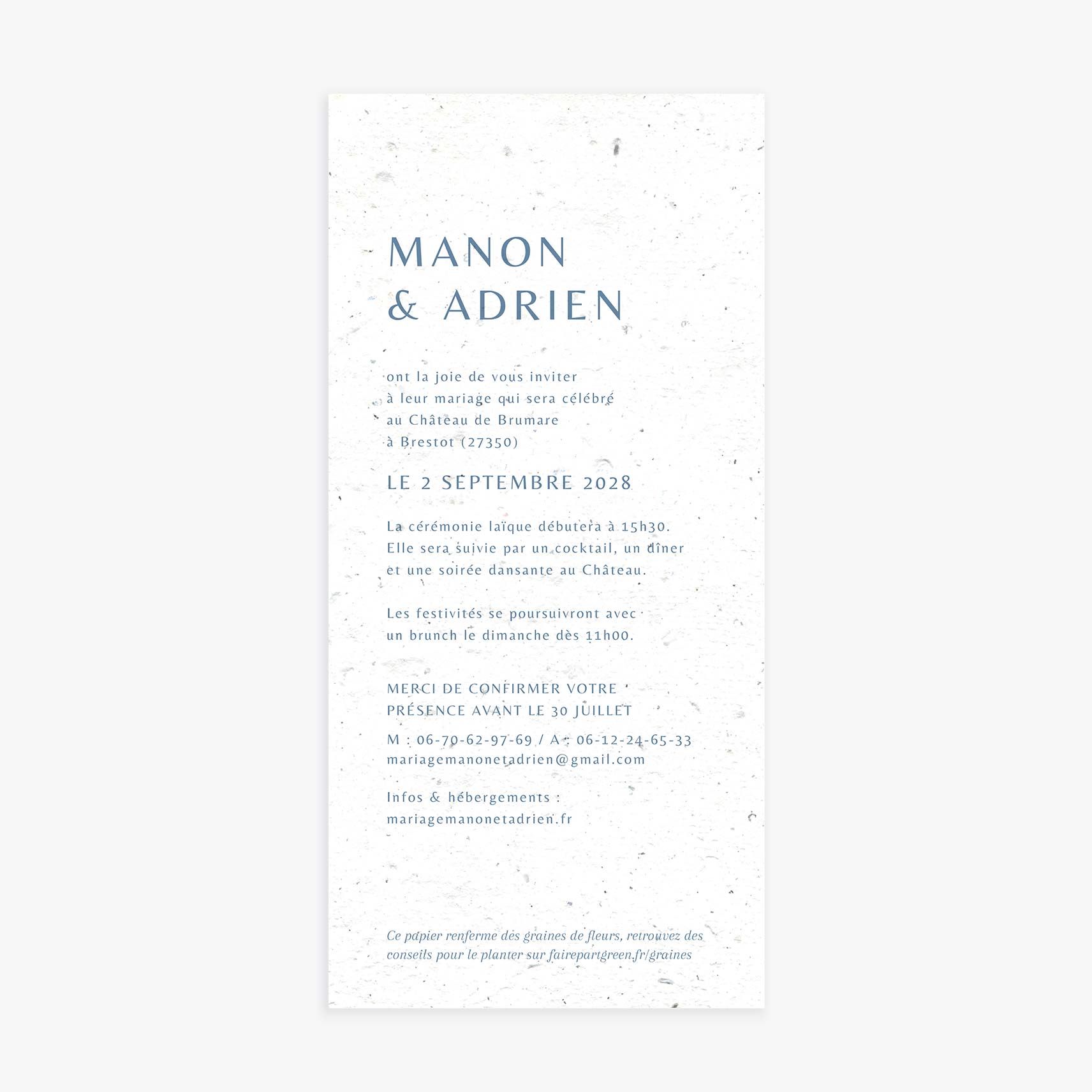 Faire-part mariage sobre bleu