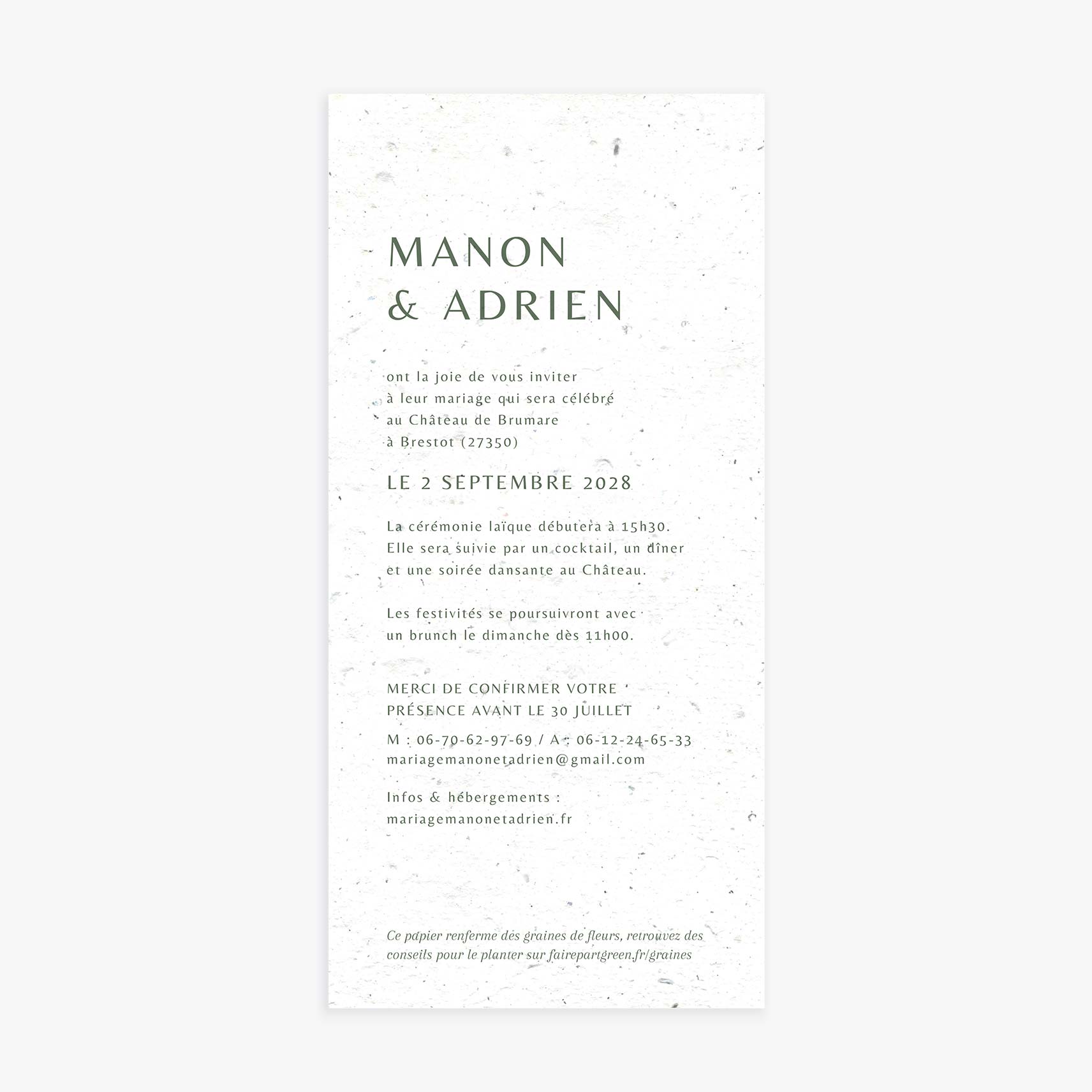 Faire-part mariage sobre vert