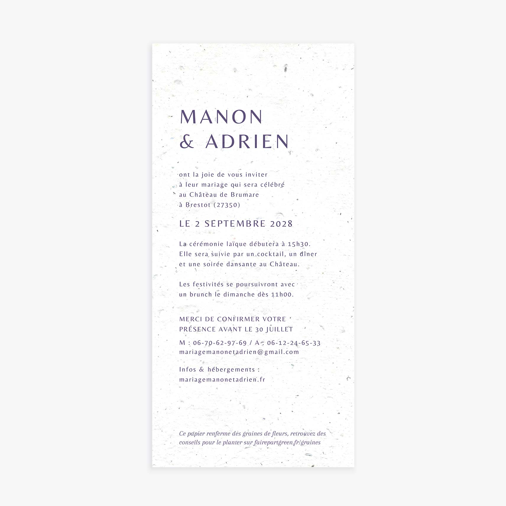 Faire-part mariage sobre violet