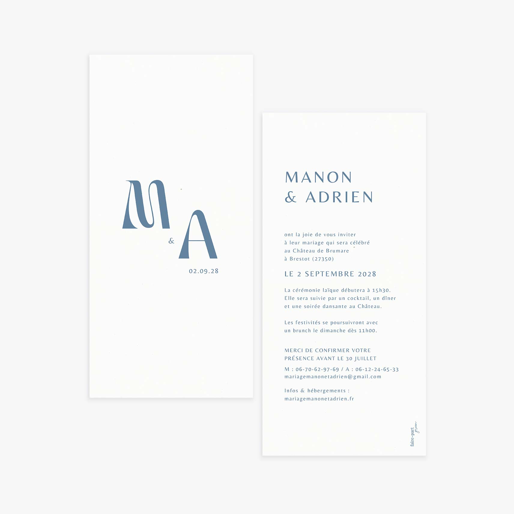 Faire-part mariage simple et chic bleu