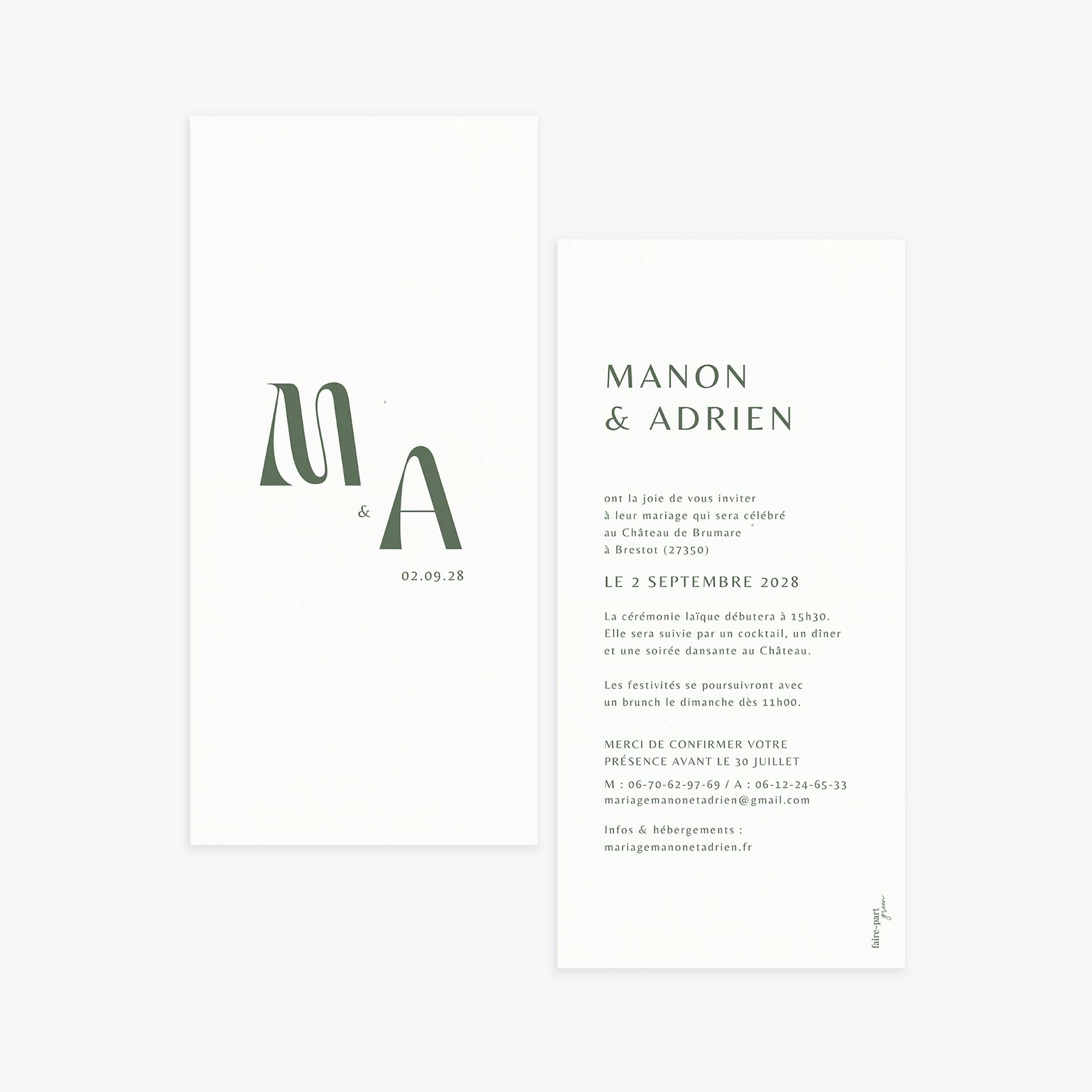 Faire-part mariage simple et chic vert