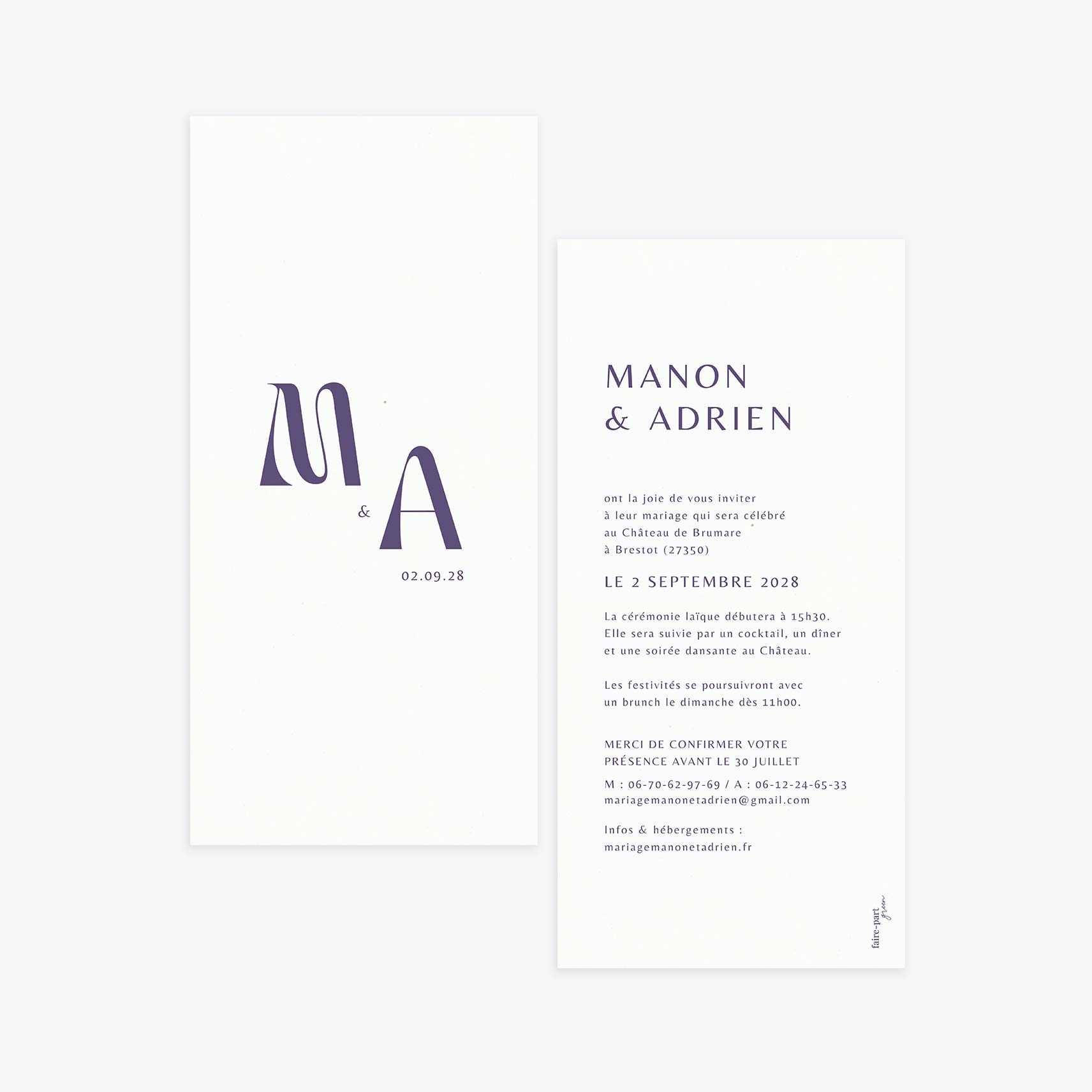 Faire-part mariage simple et chic violet