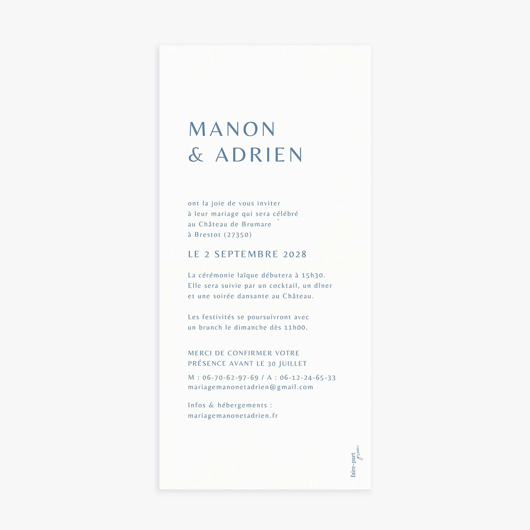 Faire-part de mariage simple verso bleu