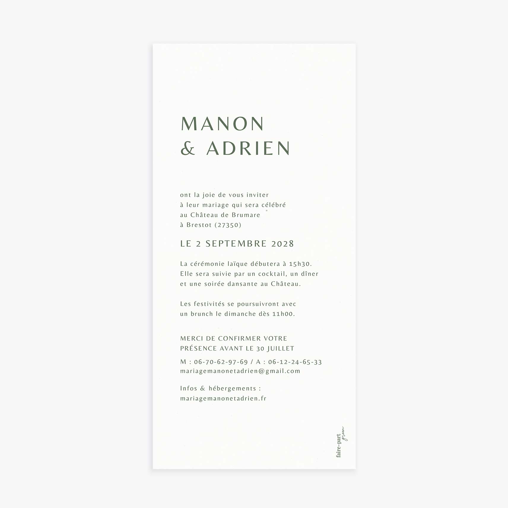 Faire-part de mariage simple verso vert
