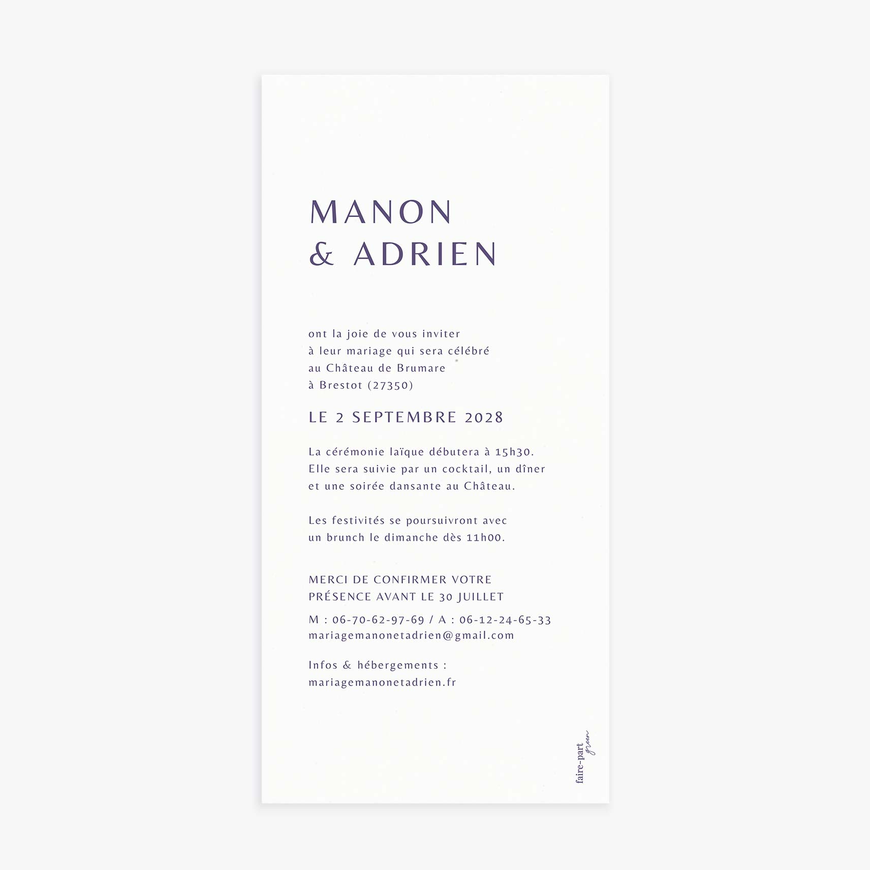 Faire-part de mariage simple verso violet
