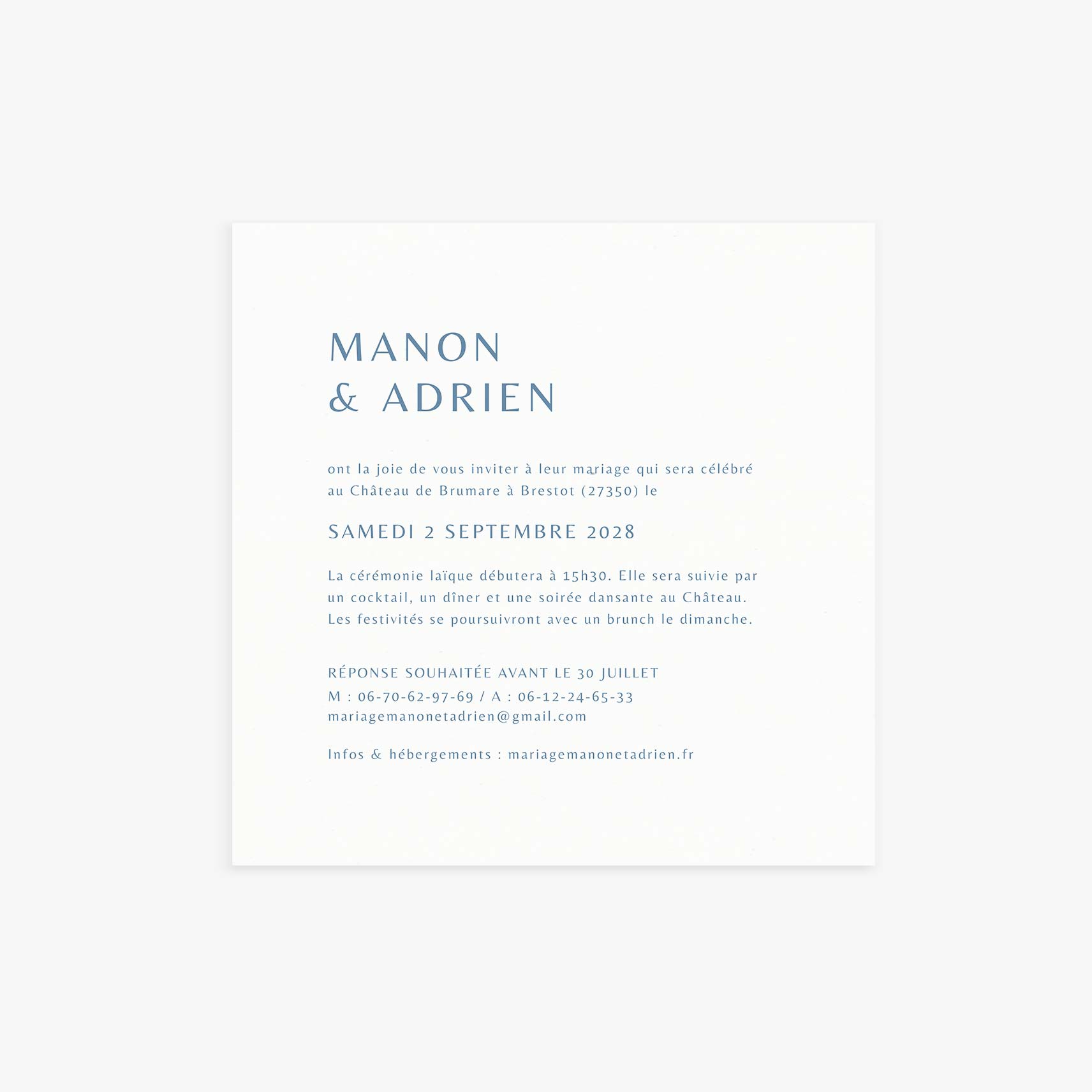 Faire-part mariage personnalisé minimaliste bleu