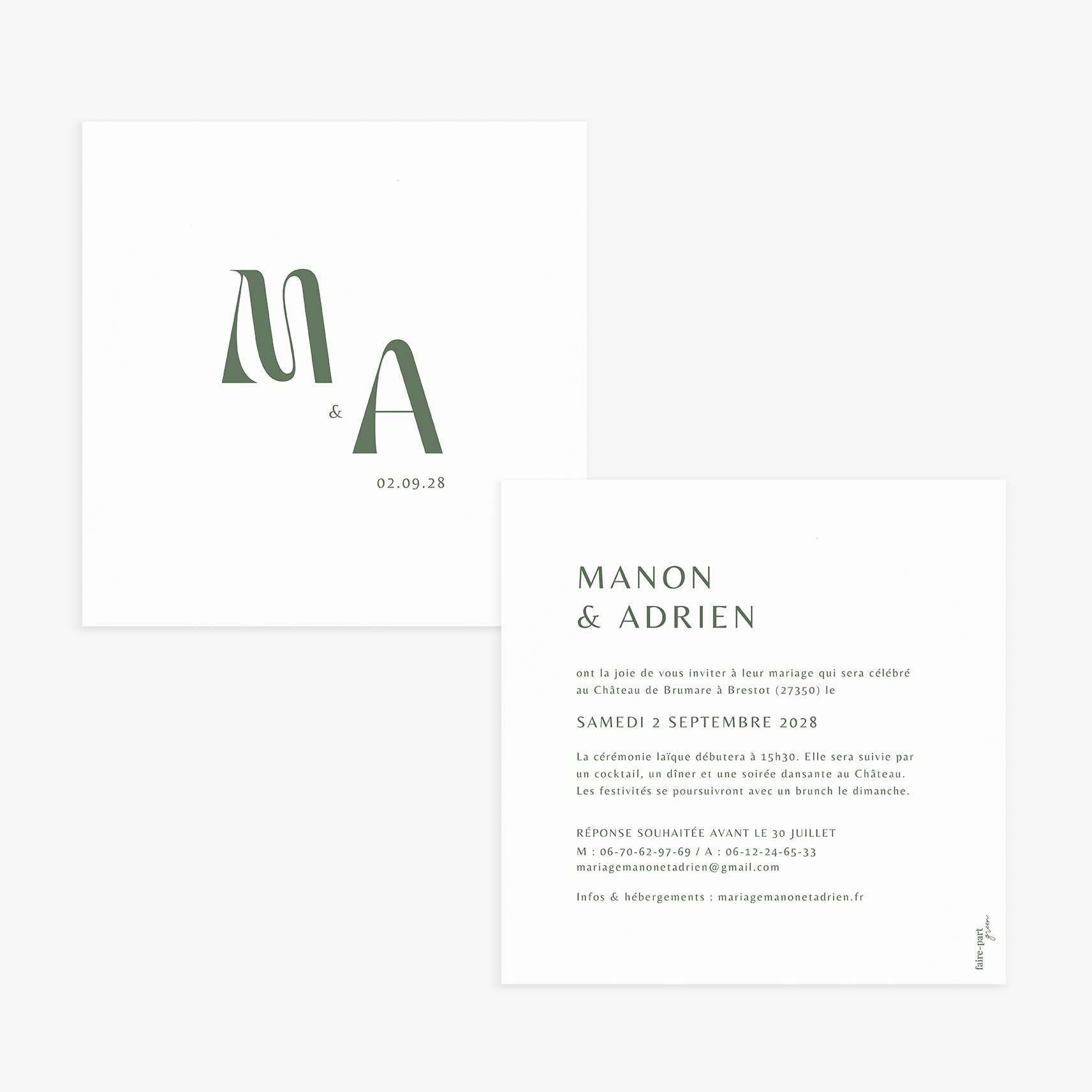 Faire-part mariage carré personnalisé vert olive