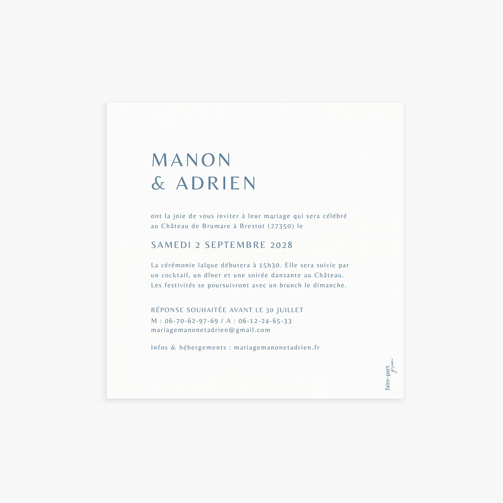 Faire-part mariage personnalisé simple bleu