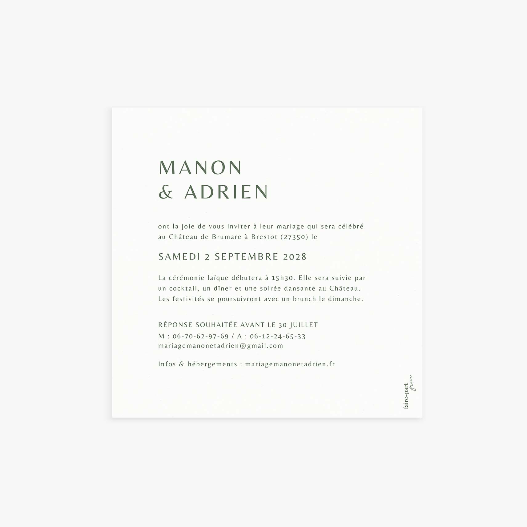 Faire-part mariage personnalisé simple vert