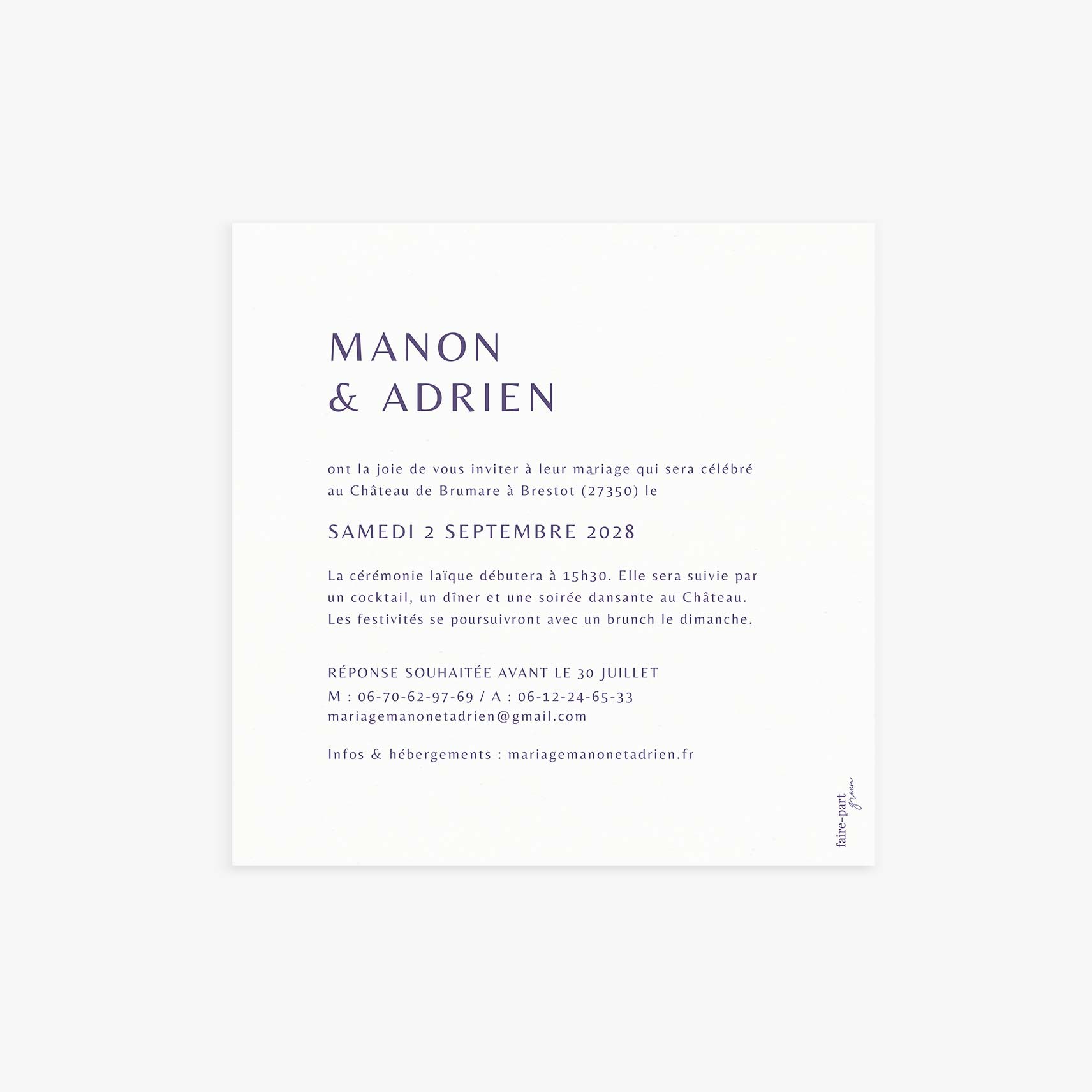 Faire-part mariage personnalisé simple violet