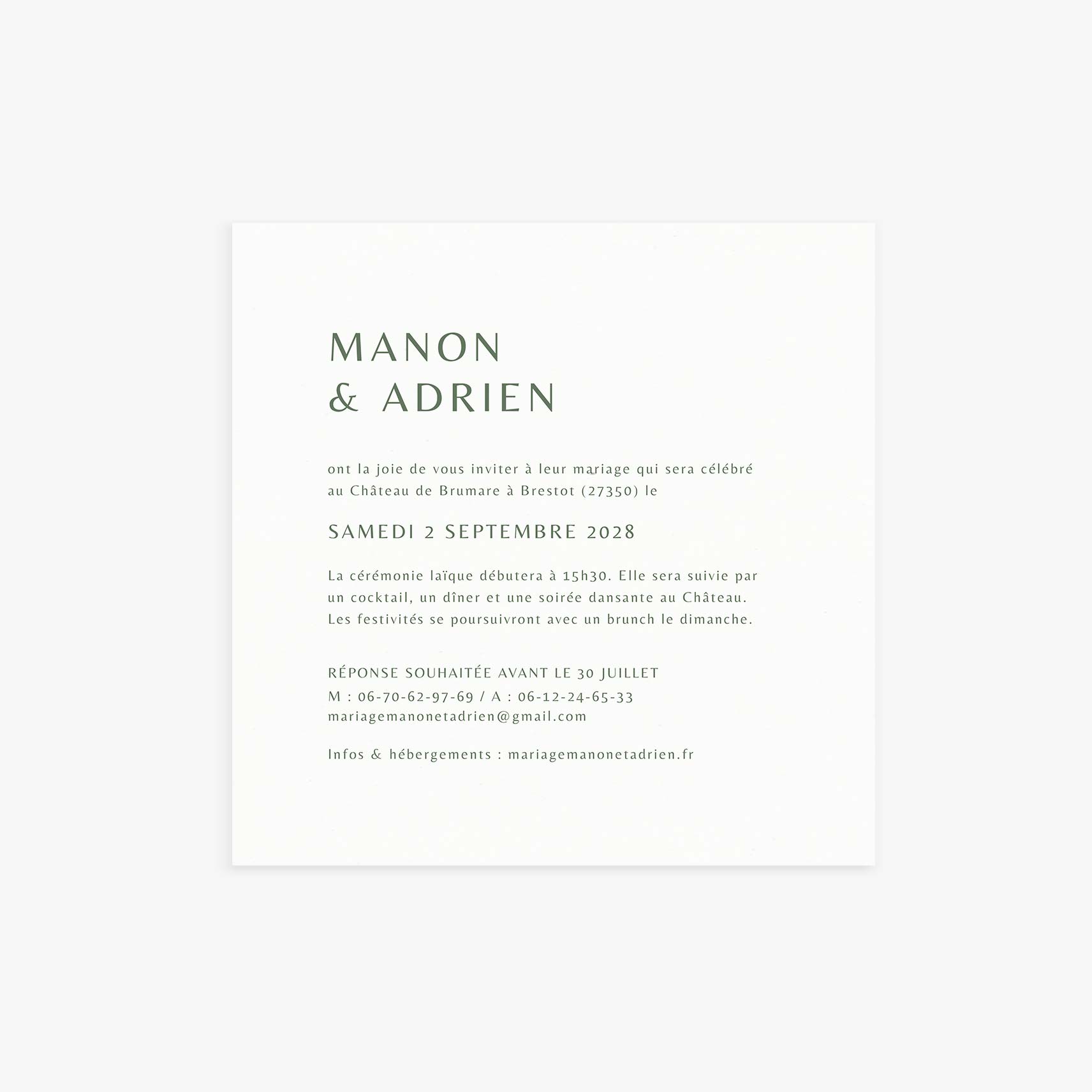 Faire-part mariage personnalisé minimaliste vert
