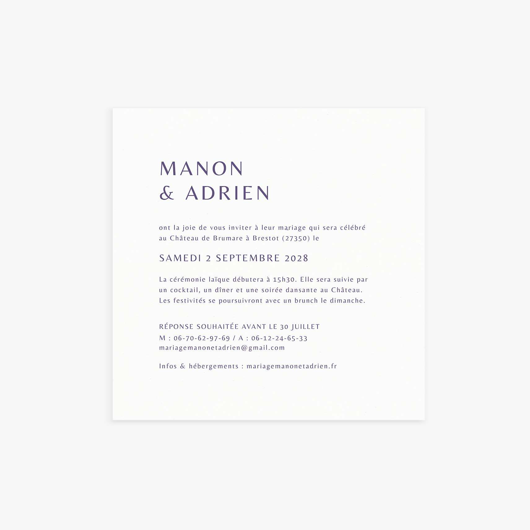Faire-part mariage personnalisé minimaliste violet
