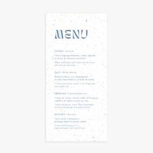Menu mariage épuré en papier ensemencé bleu