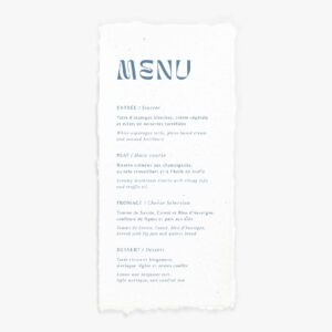 Menu mariage simple et chic bleu papier artisanal