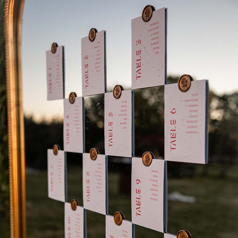 Carte plan de table mariage miroir et cachet de cire - Faire-part green