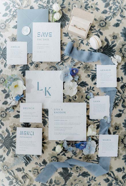 Papeterie mariage blanc & bleu en papier à planter - Faire-part green